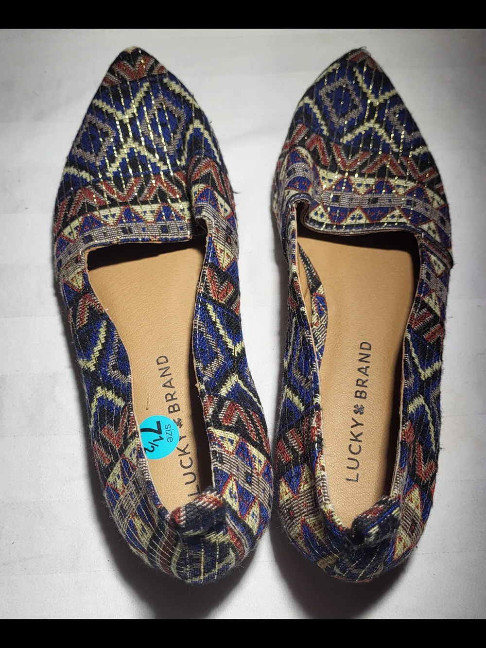 Lucky Brand Multicolor Geometric Pointed Toe Flats - Navy, Brown, Cream
